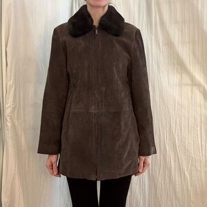 Dark Brown Suede Leather Jacket with Removable Faux Fur Collar 90s